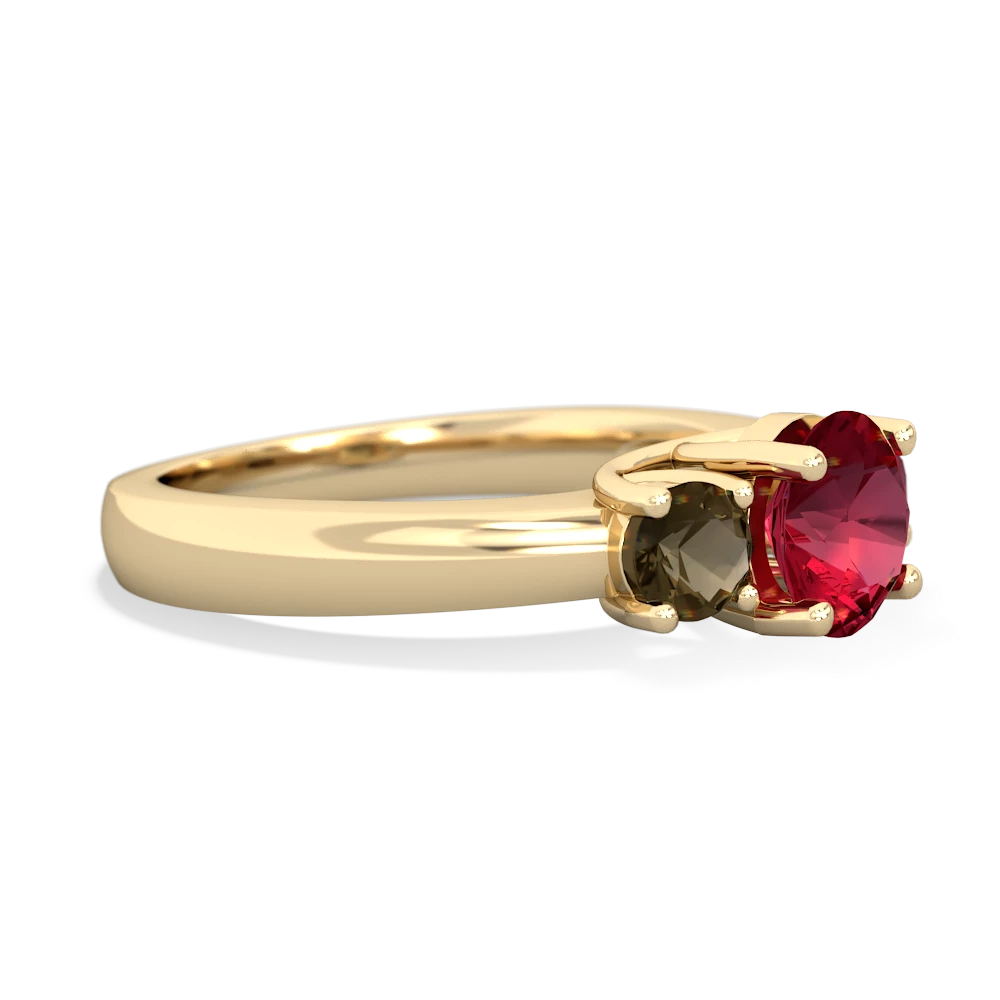 Lab Ruby Three Stone Round Trellis 14K Yellow Gold ring R4018