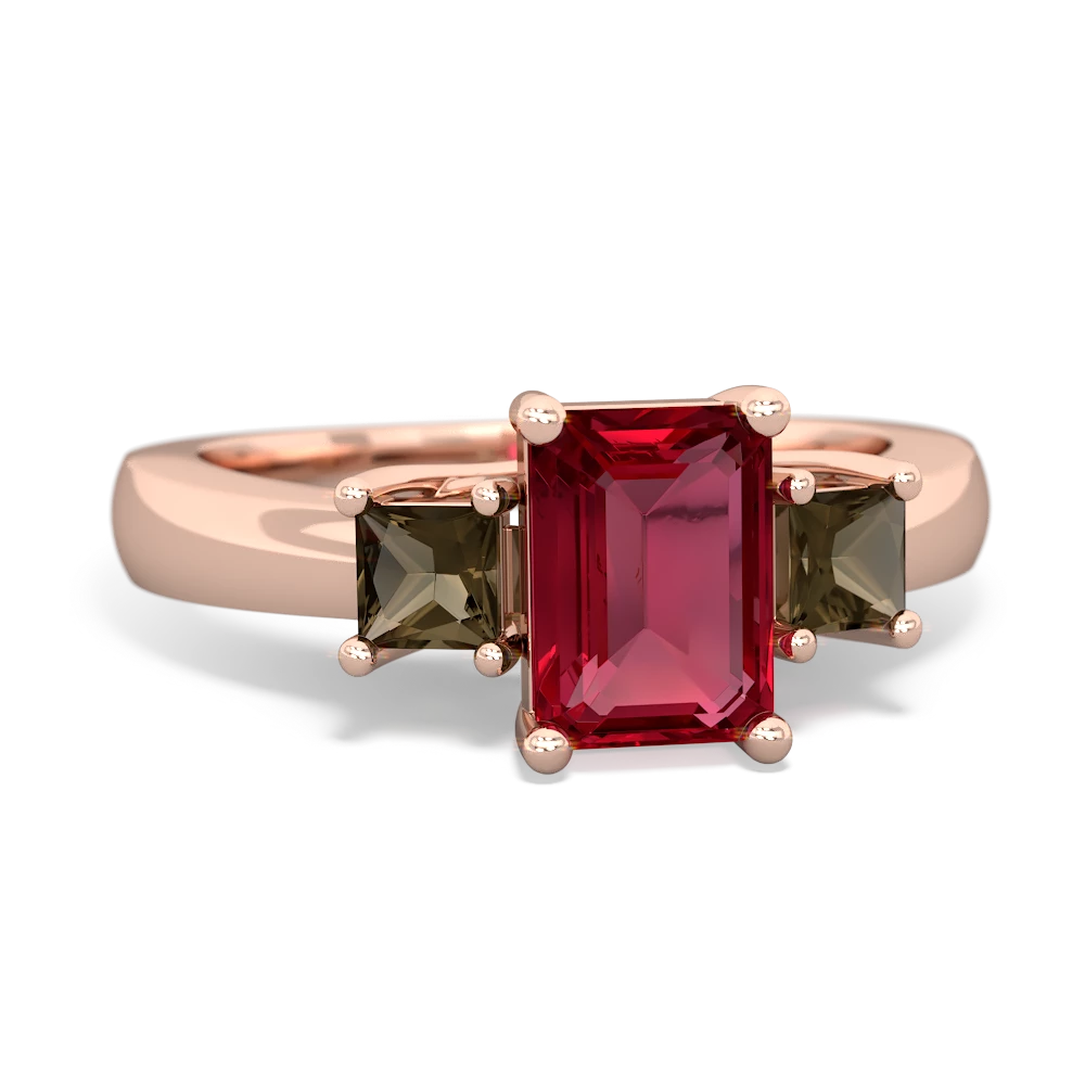 Lab Ruby Three Stone Emerald-Cut Trellis 14K Rose Gold ring R4021