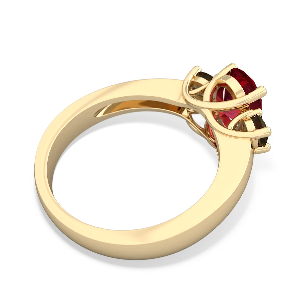 Lab Ruby Three Stone Oval Trellis 14K Yellow Gold ring R4024