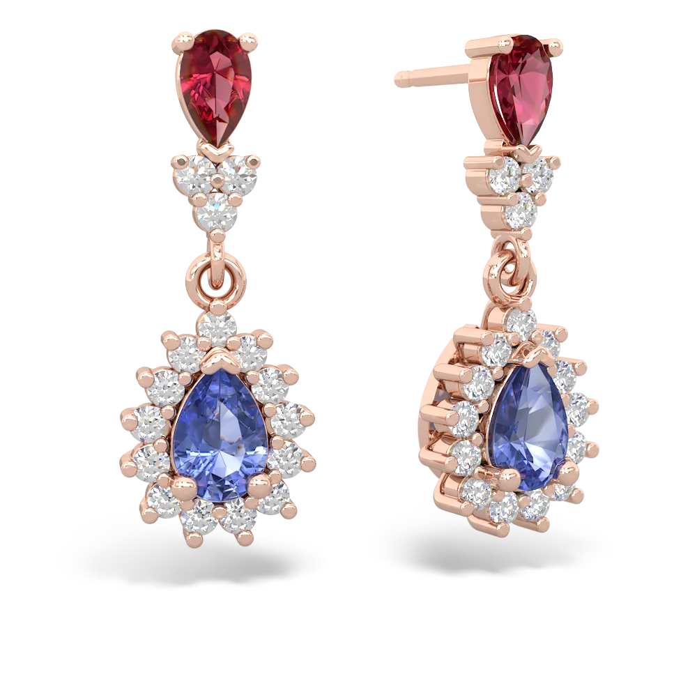 Lab Ruby Halo Pear Dangle 14K Rose Gold earrings E1882