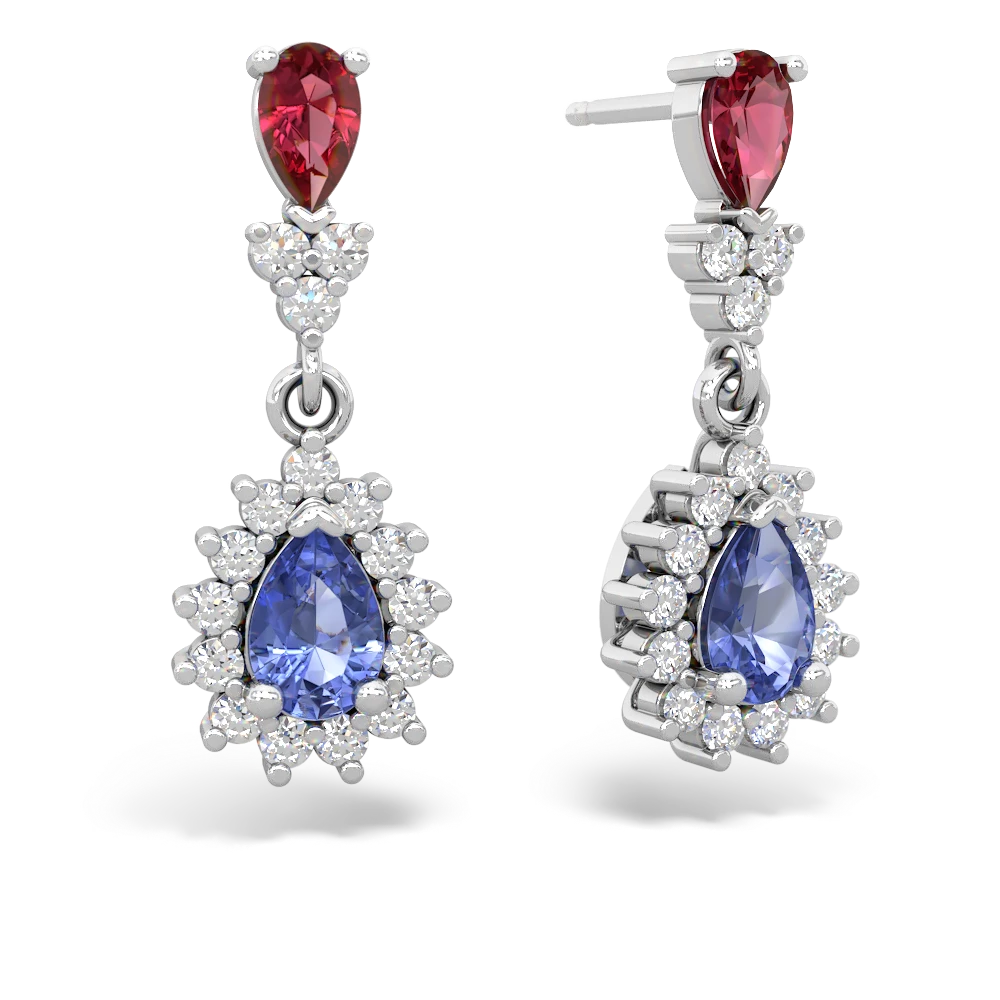 Lab Ruby Halo Pear Dangle 14K White Gold earrings E1882