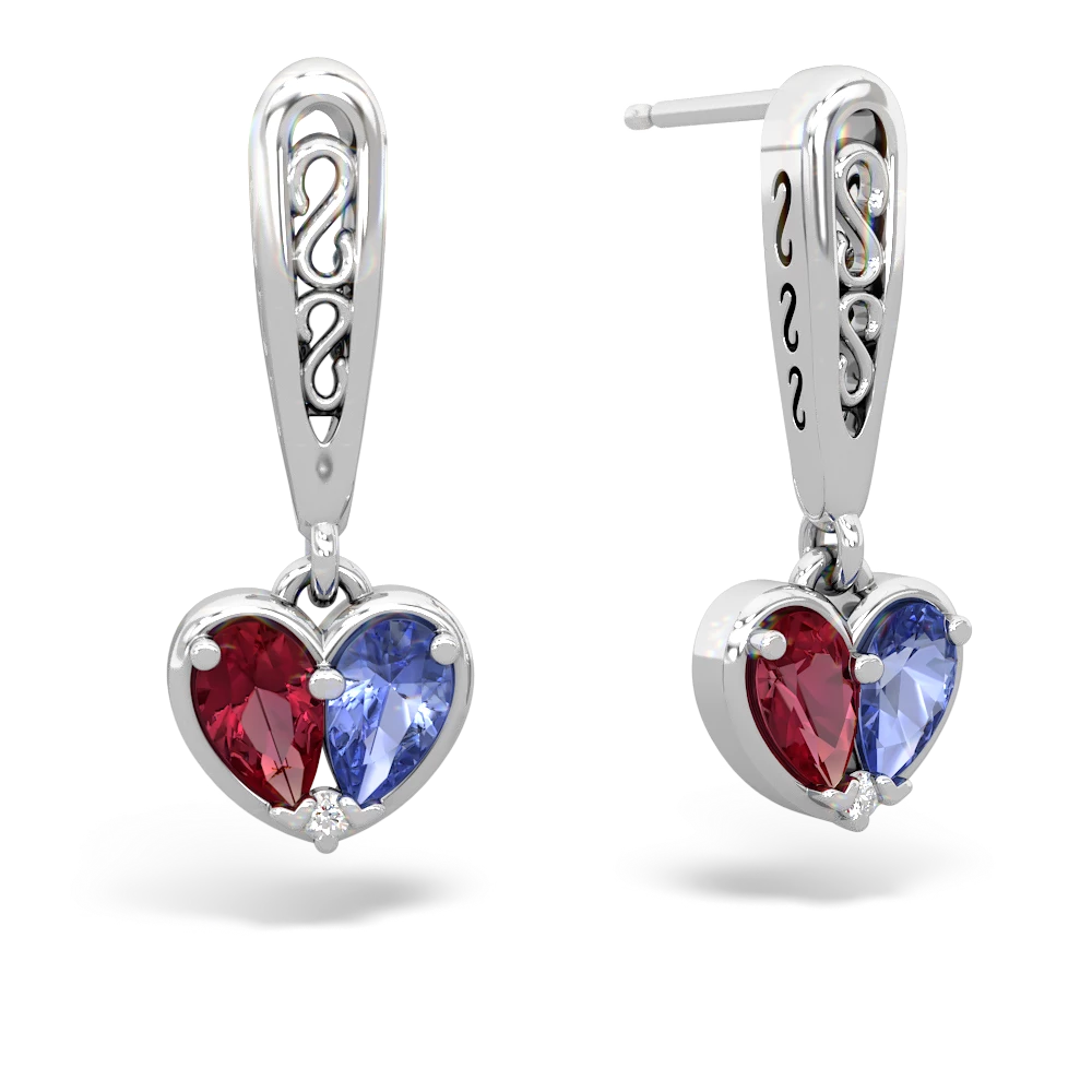 Lab Ruby Filligree Heart 14K White Gold earrings E5070