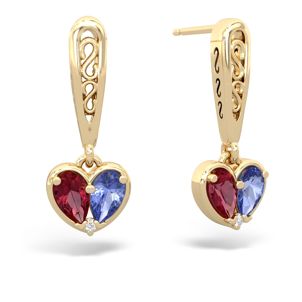 Lab Ruby Filligree Heart 14K Yellow Gold earrings E5070