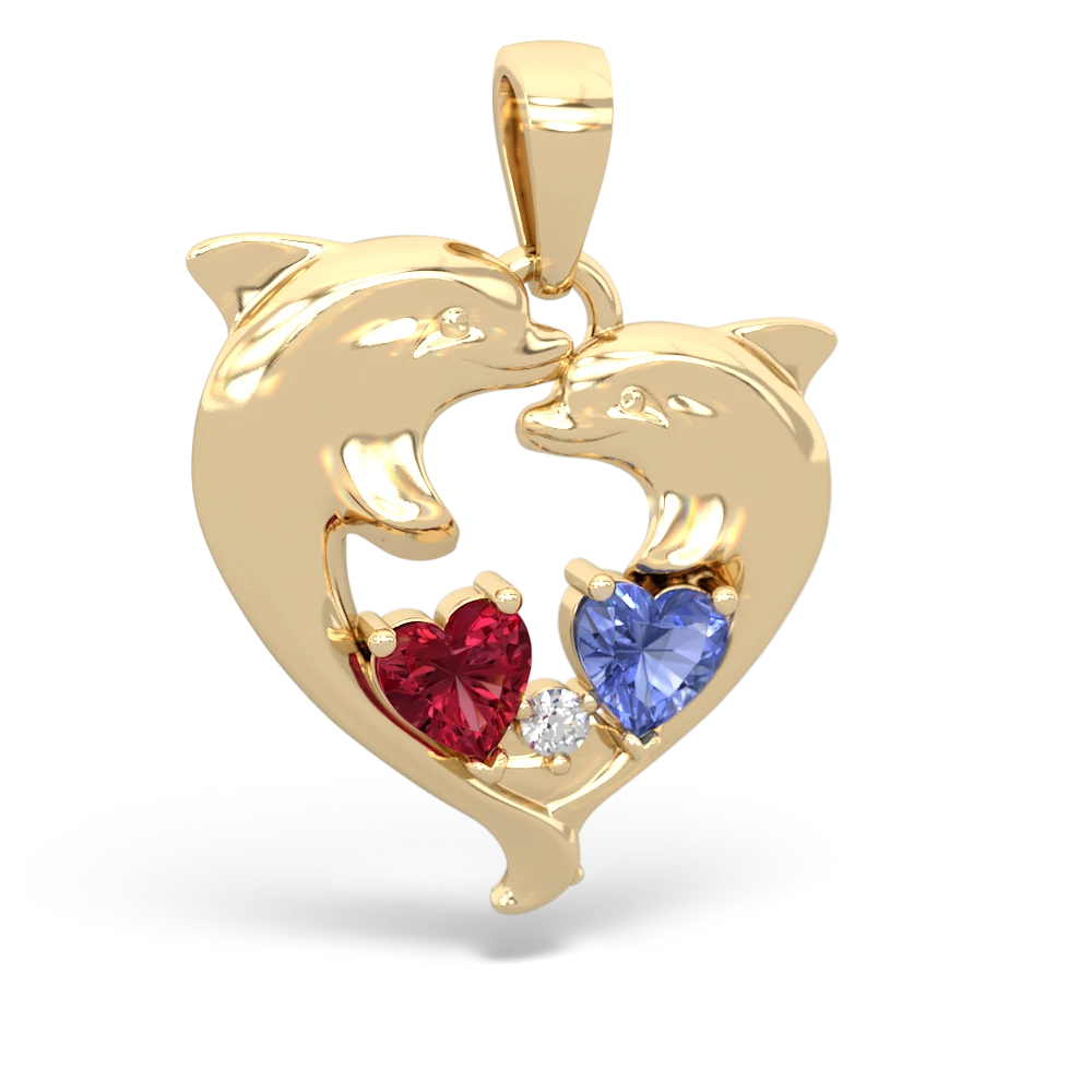 Lab Ruby Dolphin Heart 14K Yellow Gold pendant P5820