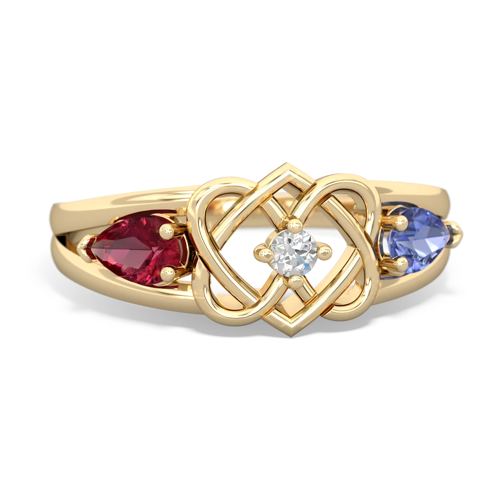 Lab Ruby Hearts Intertwined 14K Yellow Gold ring R5880