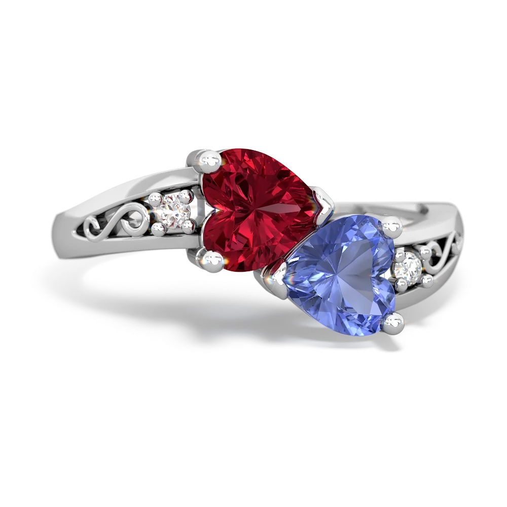 Lab Ruby Snuggling Hearts 14K White Gold ring R2178