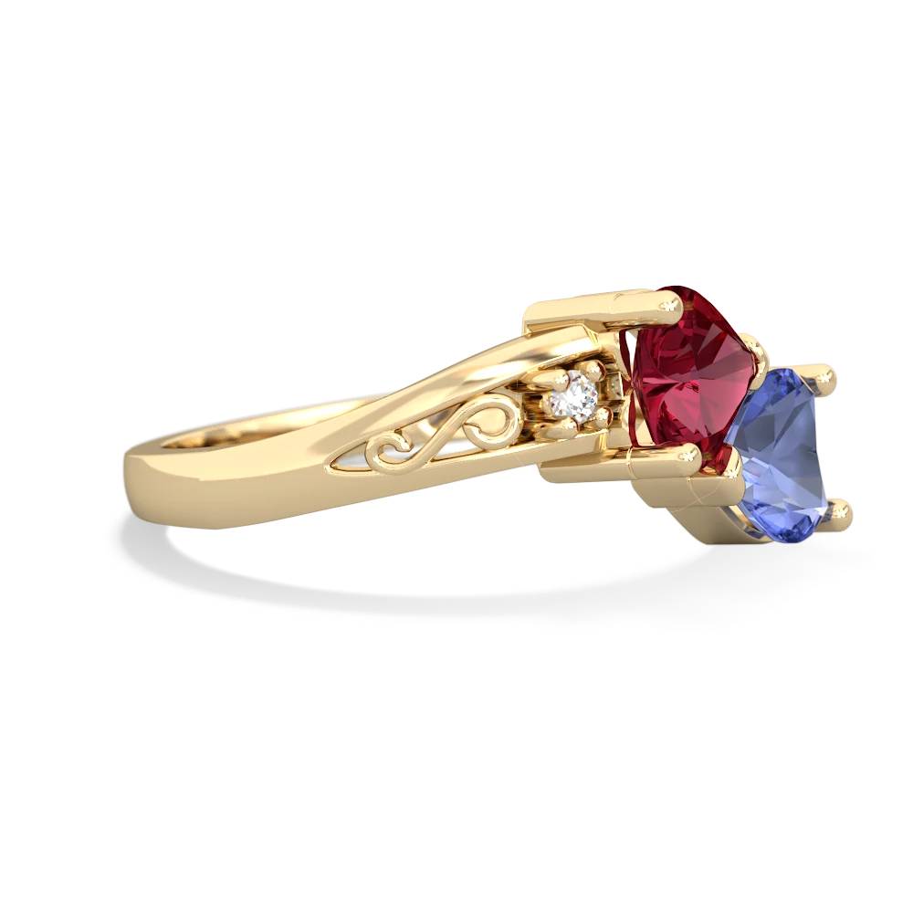 Lab Ruby Snuggling Hearts 14K Yellow Gold ring R2178