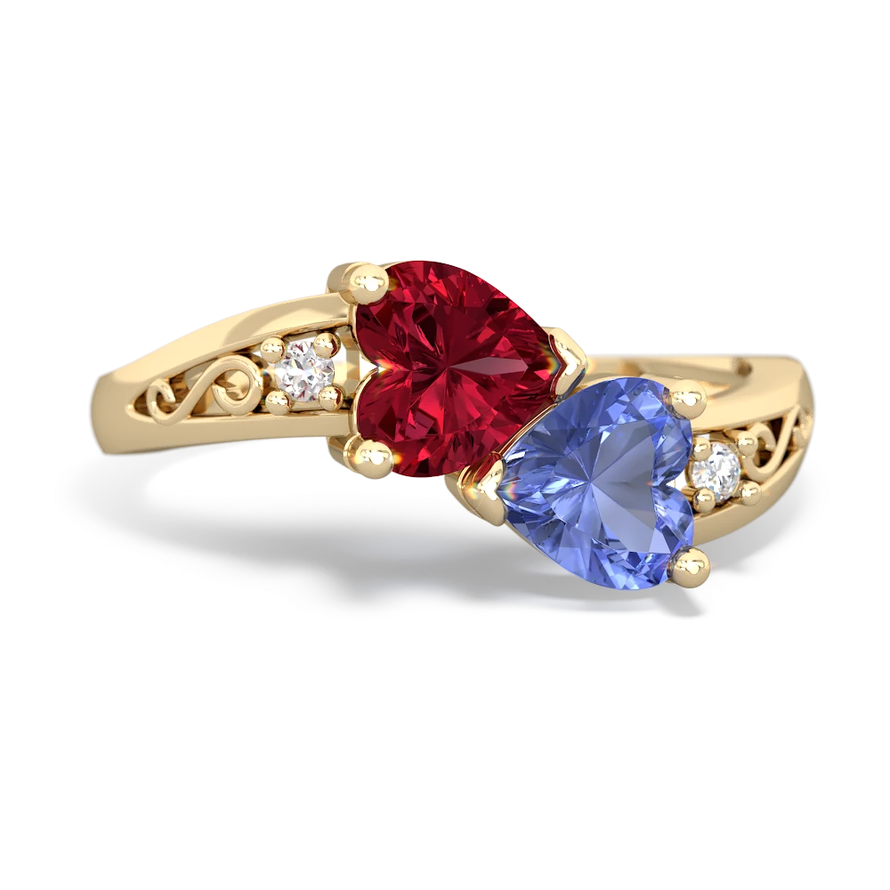 Lab Ruby Snuggling Hearts 14K Yellow Gold ring R2178