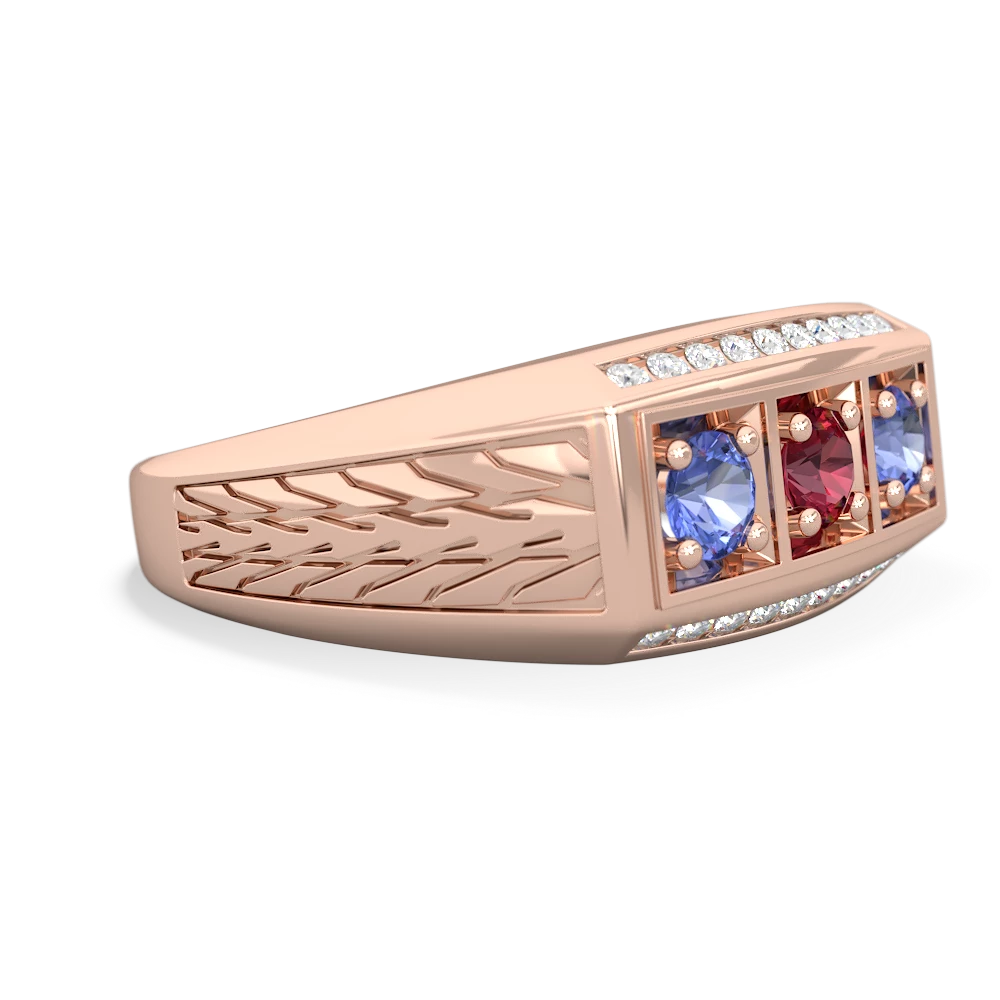 Lab Ruby Three Stone Tire Tread Men's 14K Rose Gold ring R0520