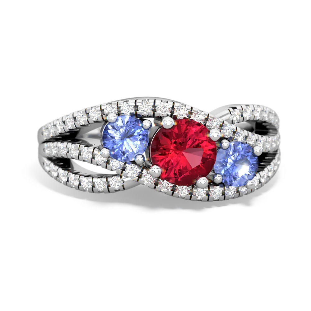 Lab Ruby Three Stone Aurora 14K White Gold ring R3080