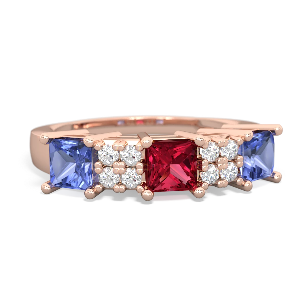 Lab Ruby Three Stone Diamond Cluster 14K Rose Gold ring R2592