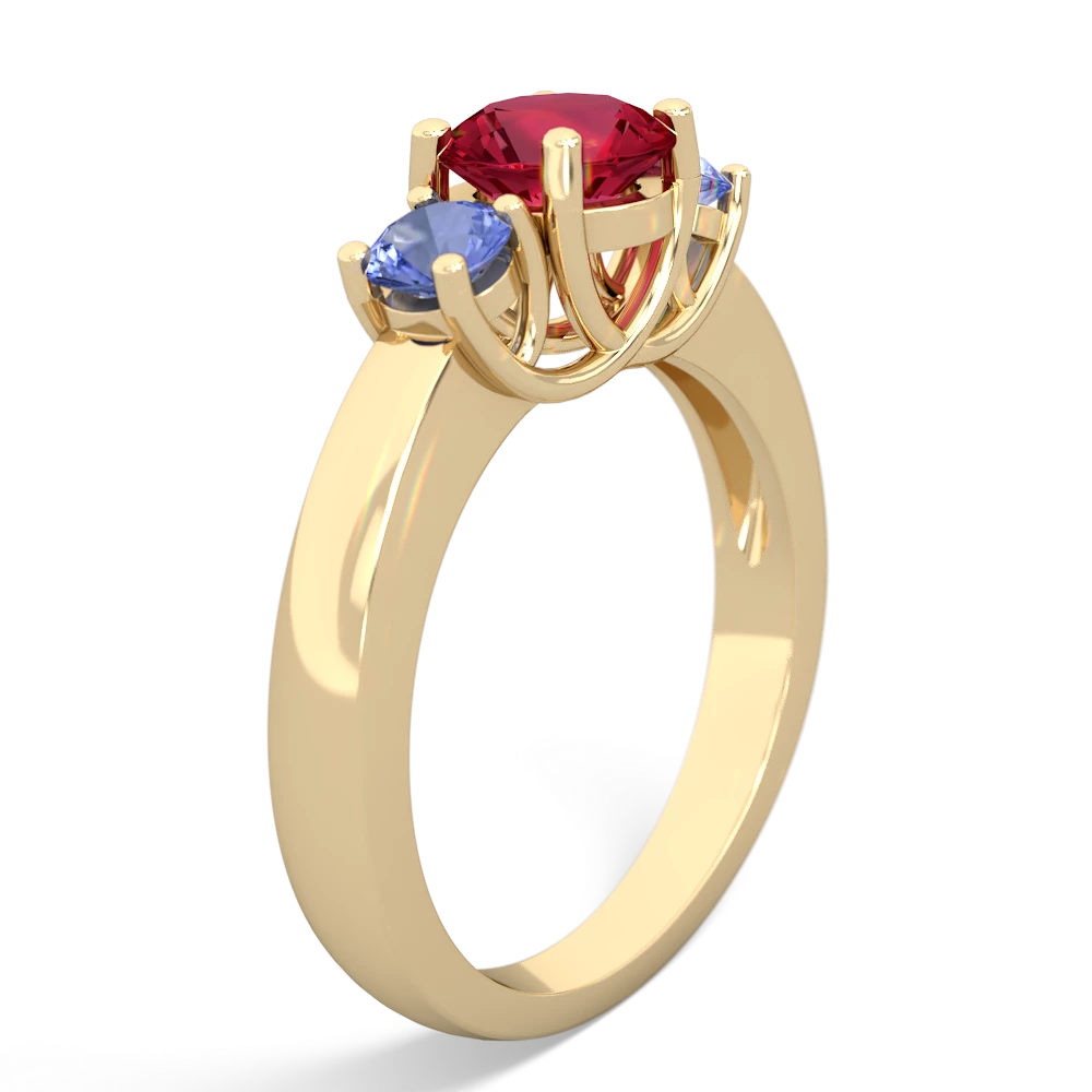 Lab Ruby Three Stone Round Trellis 14K Yellow Gold ring R4018