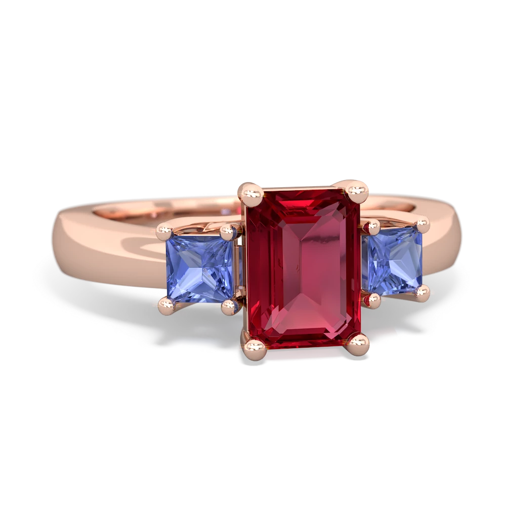 Lab Ruby Three Stone Emerald-Cut Trellis 14K Rose Gold ring R4021