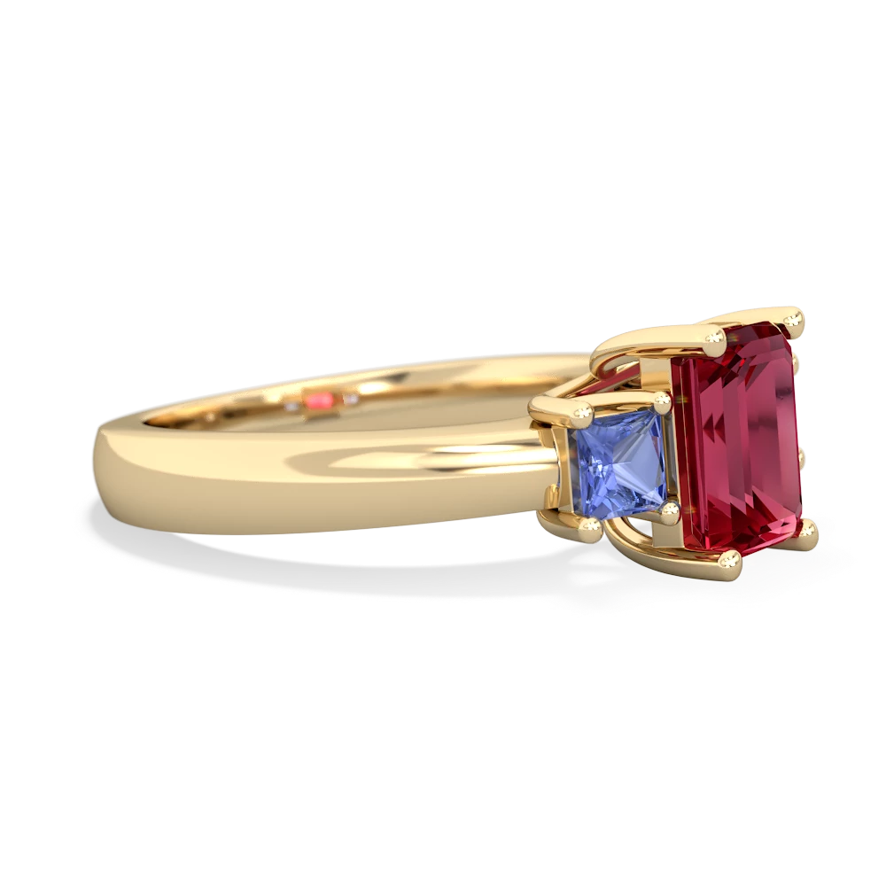 Lab Ruby Three Stone Emerald-Cut Trellis 14K Yellow Gold ring R4021