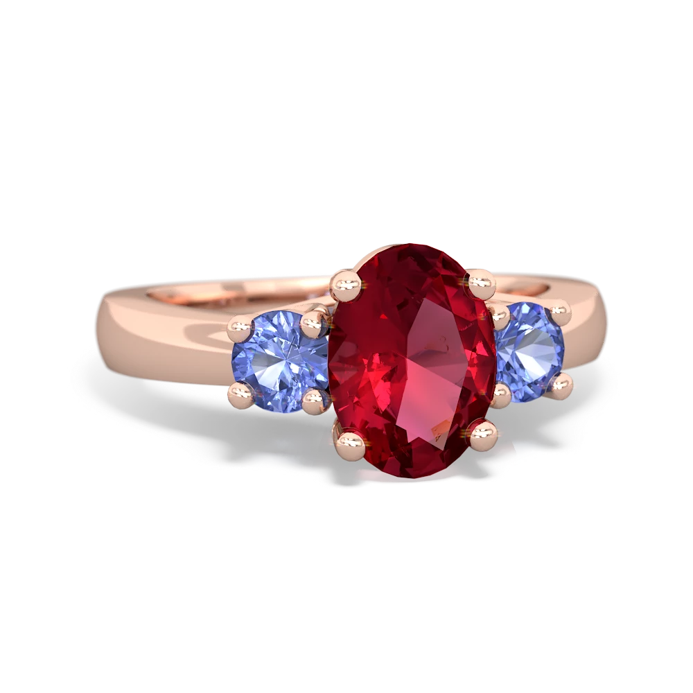 Lab Ruby Three Stone Oval Trellis 14K Rose Gold ring R4024