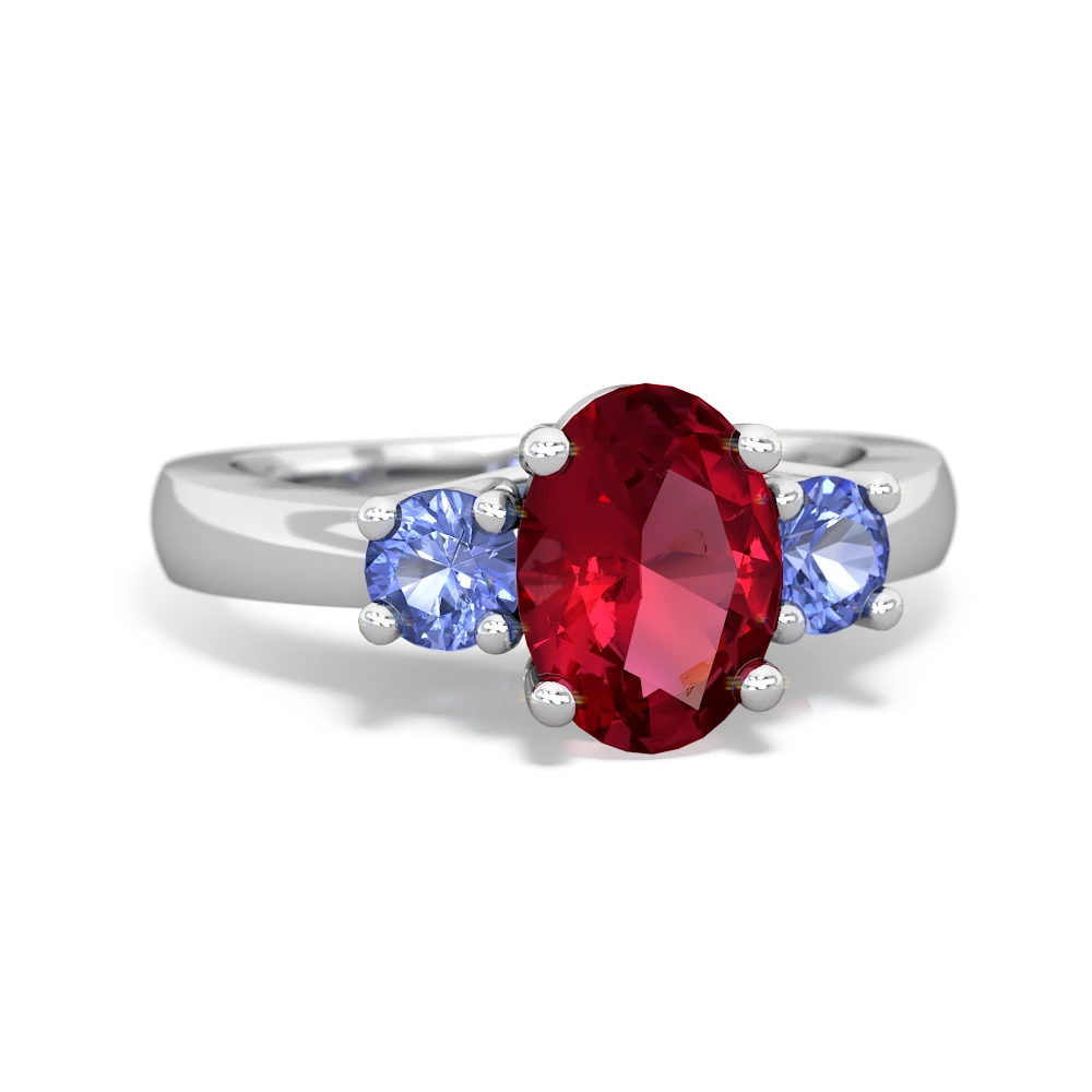 Lab Ruby Three Stone Oval Trellis 14K White Gold ring R4024