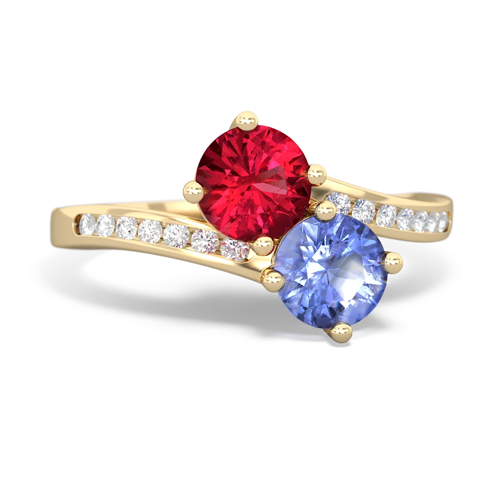 Lab Ruby Channel Set Two Stone 14K Yellow Gold ring R5303