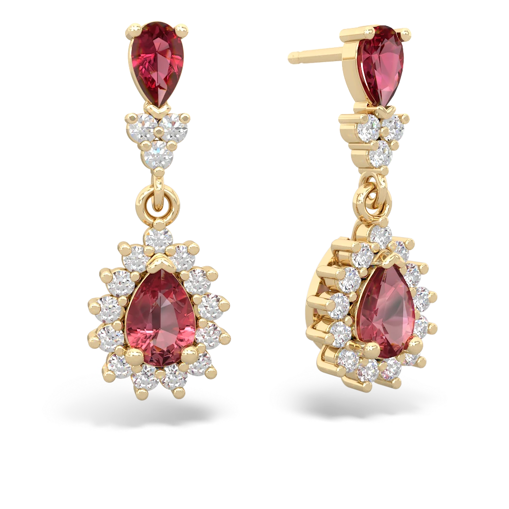 Lab Ruby Halo Pear Dangle 14K Yellow Gold earrings E1882