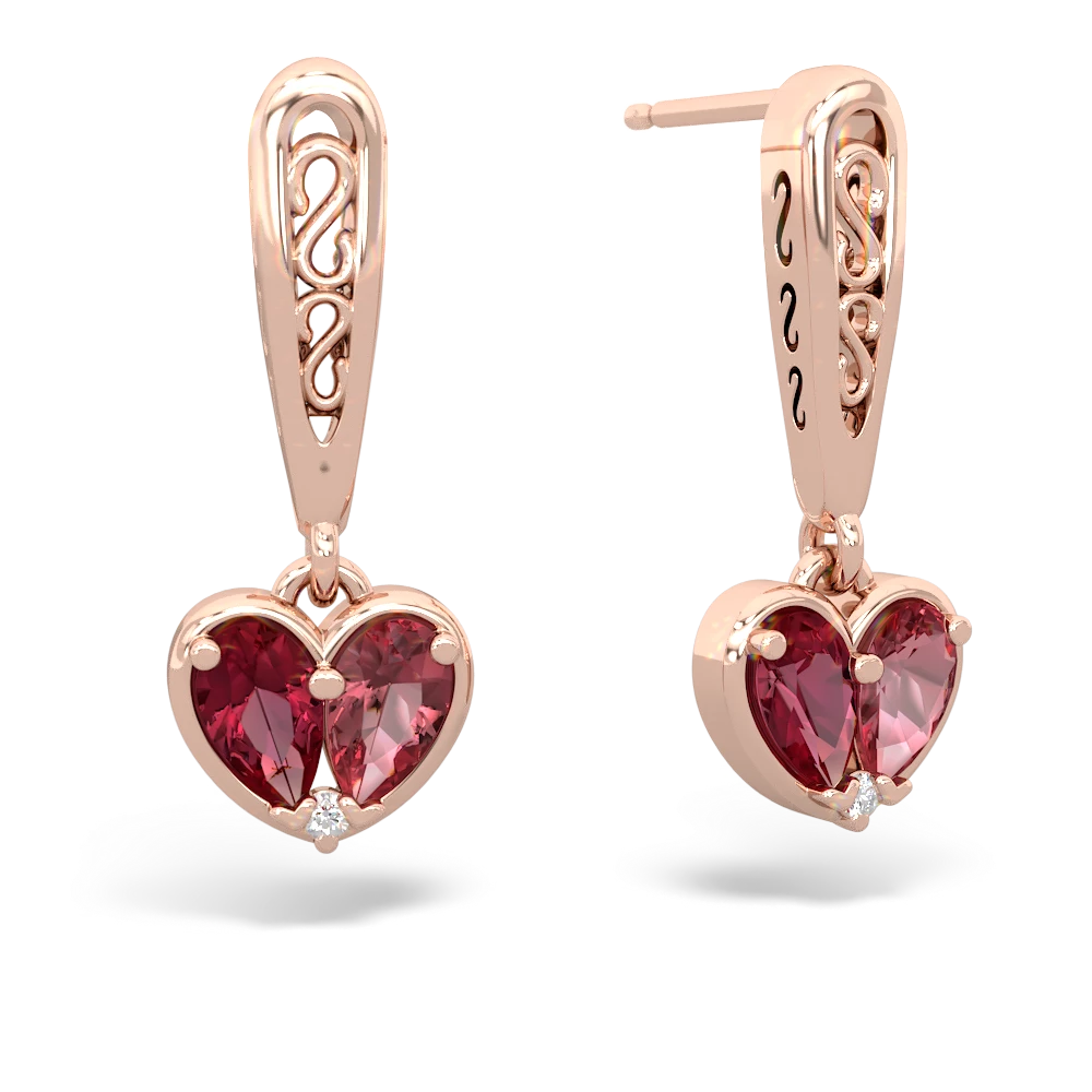 Lab Ruby Filligree Heart 14K Rose Gold earrings E5070