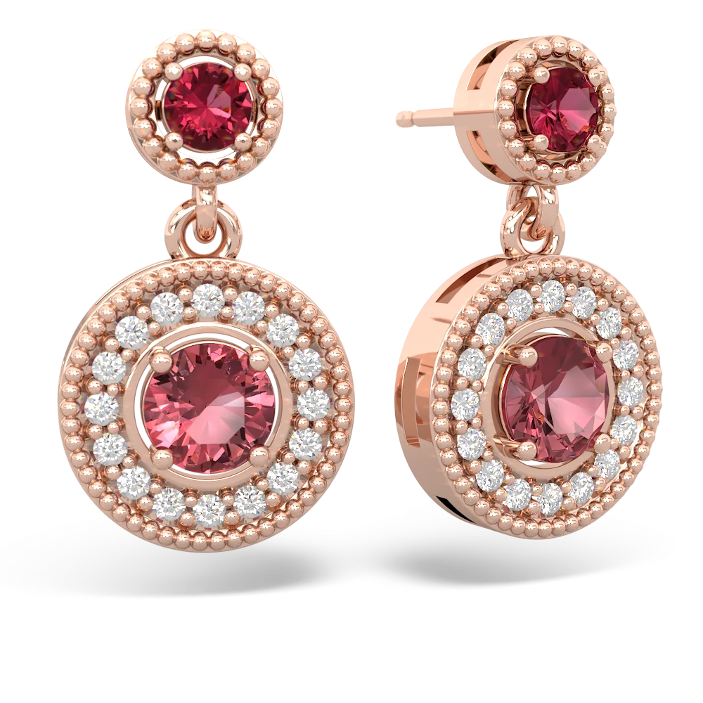 Lab Ruby Halo Dangle 14K Rose Gold earrings E5319