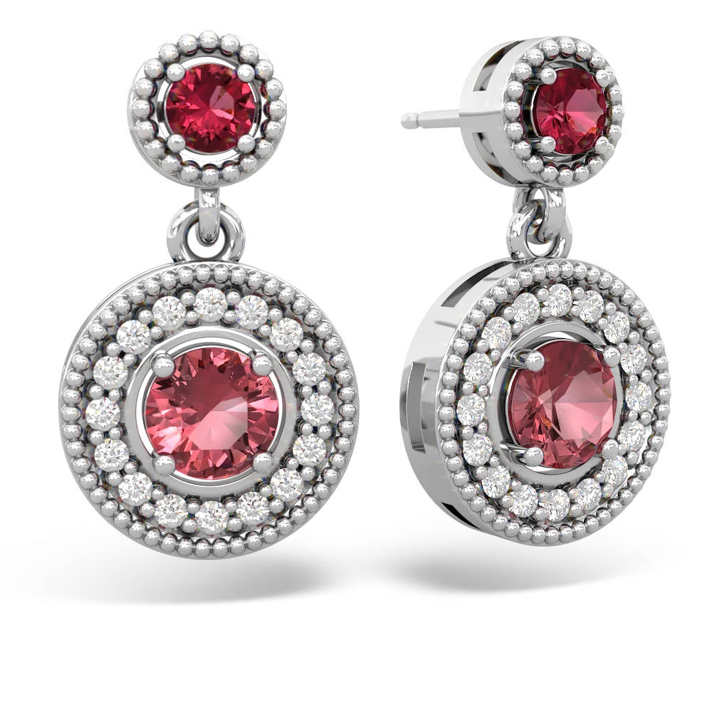 Lab Ruby Halo Dangle 14K White Gold earrings E5319