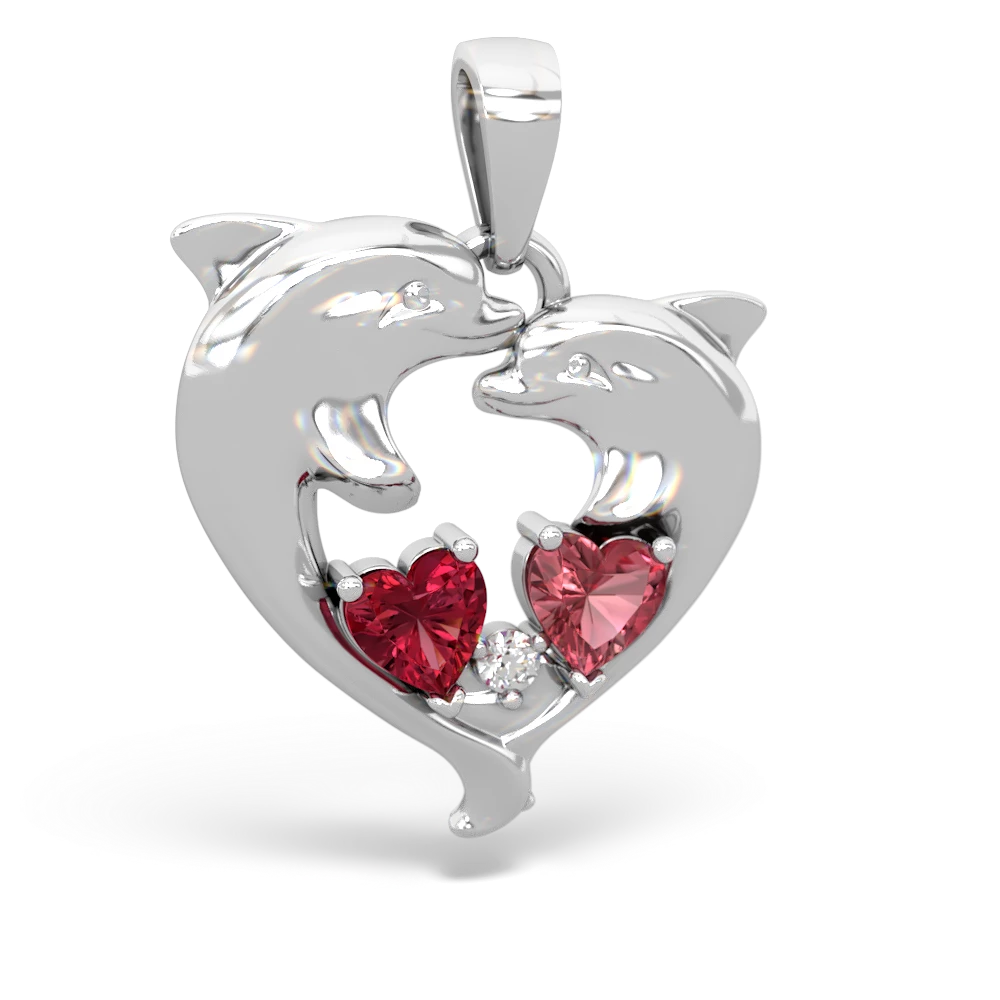 Lab Ruby Dolphin Heart 14K White Gold pendant P5820