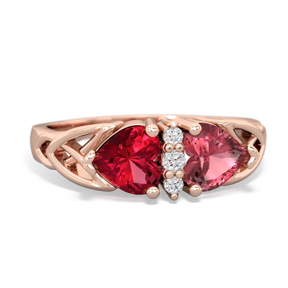 Lab Ruby Celtic Knot Double Heart 14K Rose Gold ring R5040