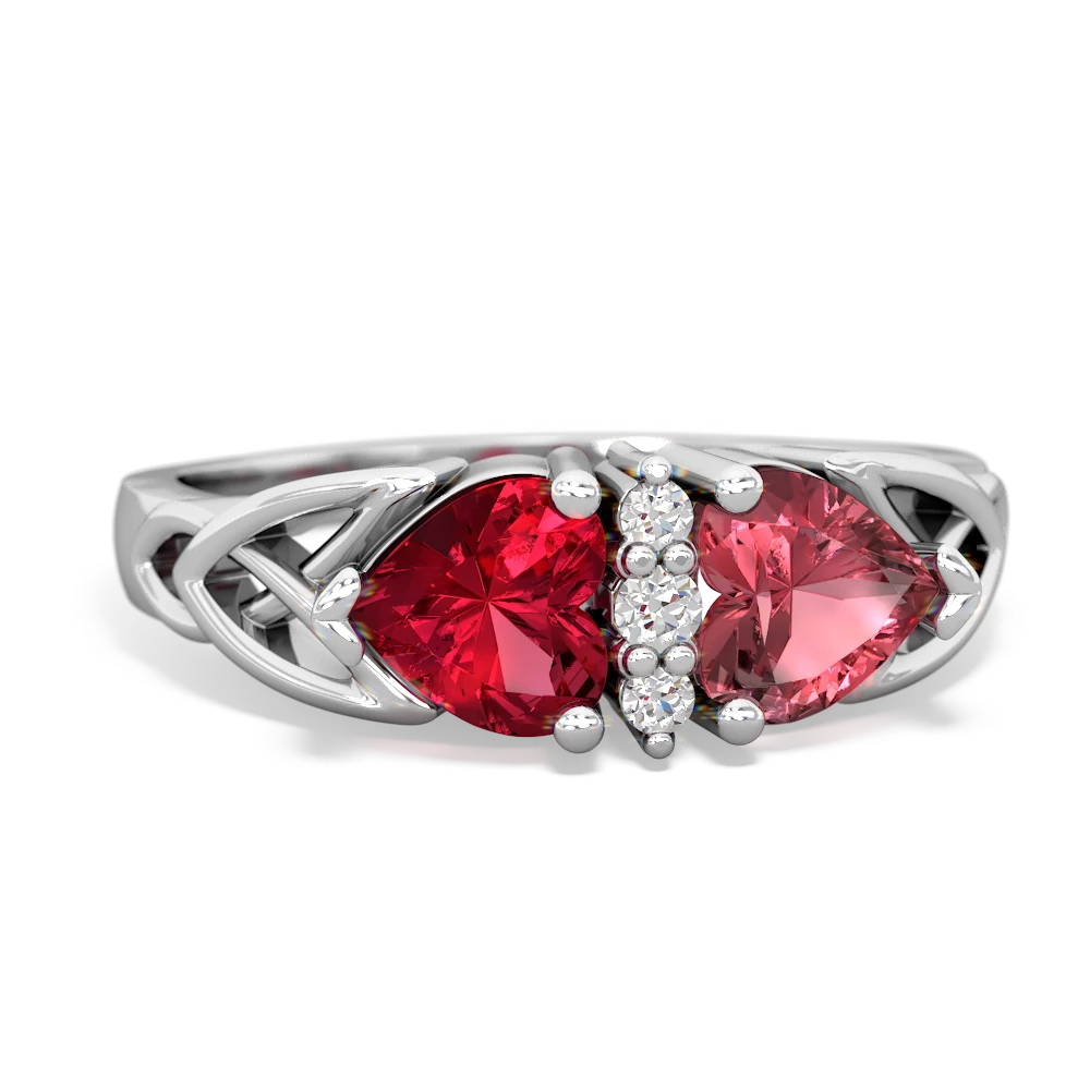 Lab Ruby Celtic Knot Double Heart 14K White Gold ring R5040