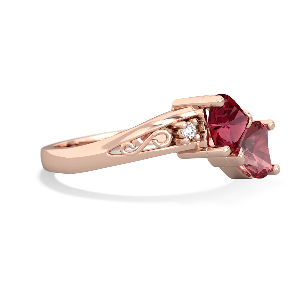 Lab Ruby Snuggling Hearts 14K Rose Gold ring R2178