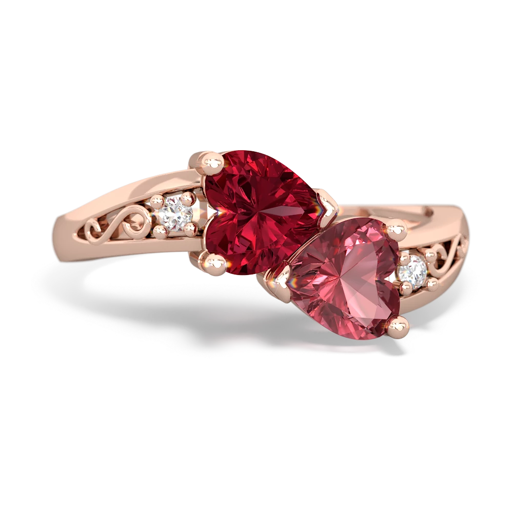 Lab Ruby Snuggling Hearts 14K Rose Gold ring R2178