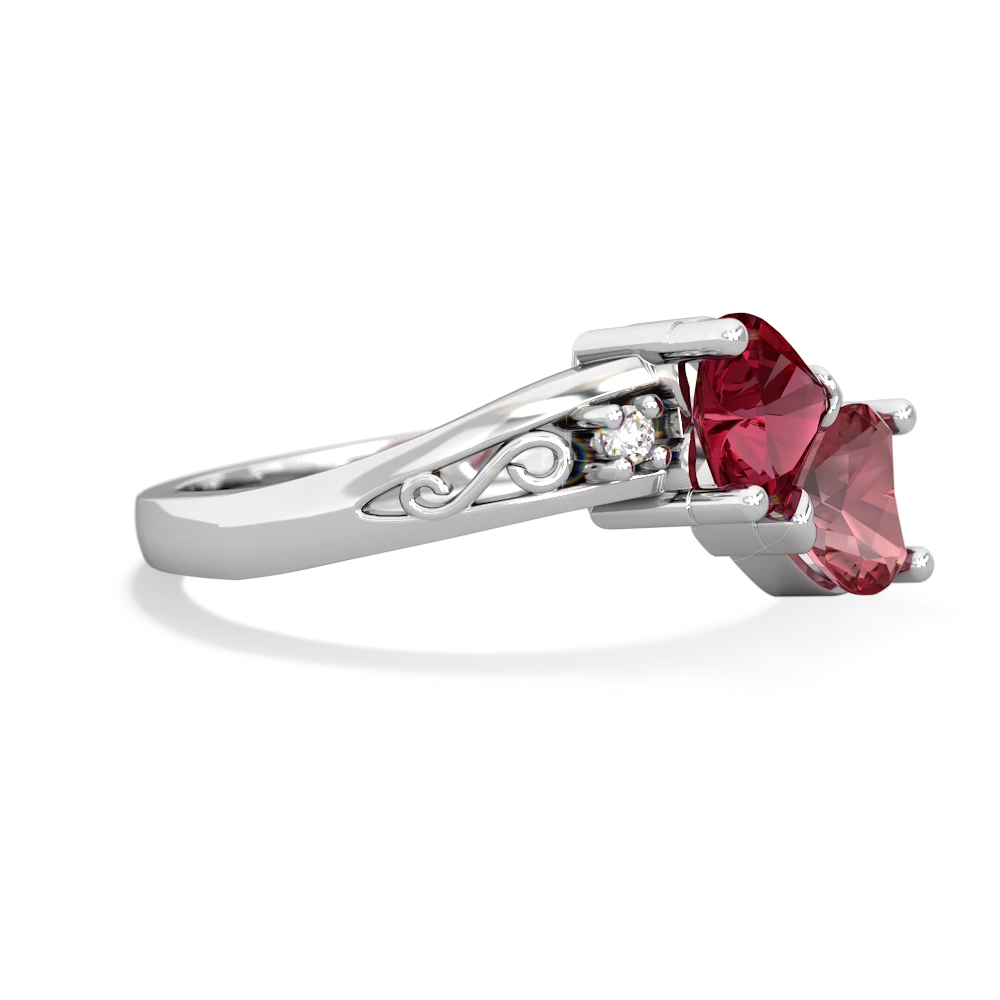 Lab Ruby Snuggling Hearts 14K White Gold ring R2178