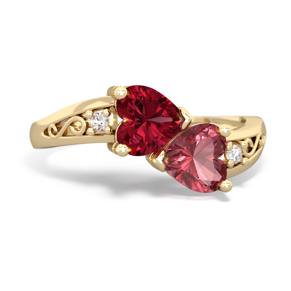 Lab Ruby Snuggling Hearts 14K Yellow Gold ring R2178