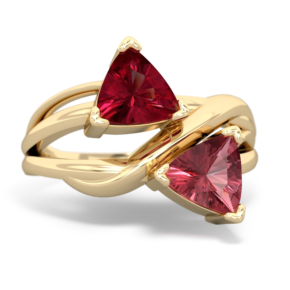 Lab Ruby Split Band Swirl 14K Yellow Gold ring R2341