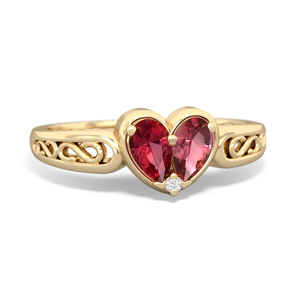 Lab Ruby Filligree 'One Heart' 14K Yellow Gold ring R5070