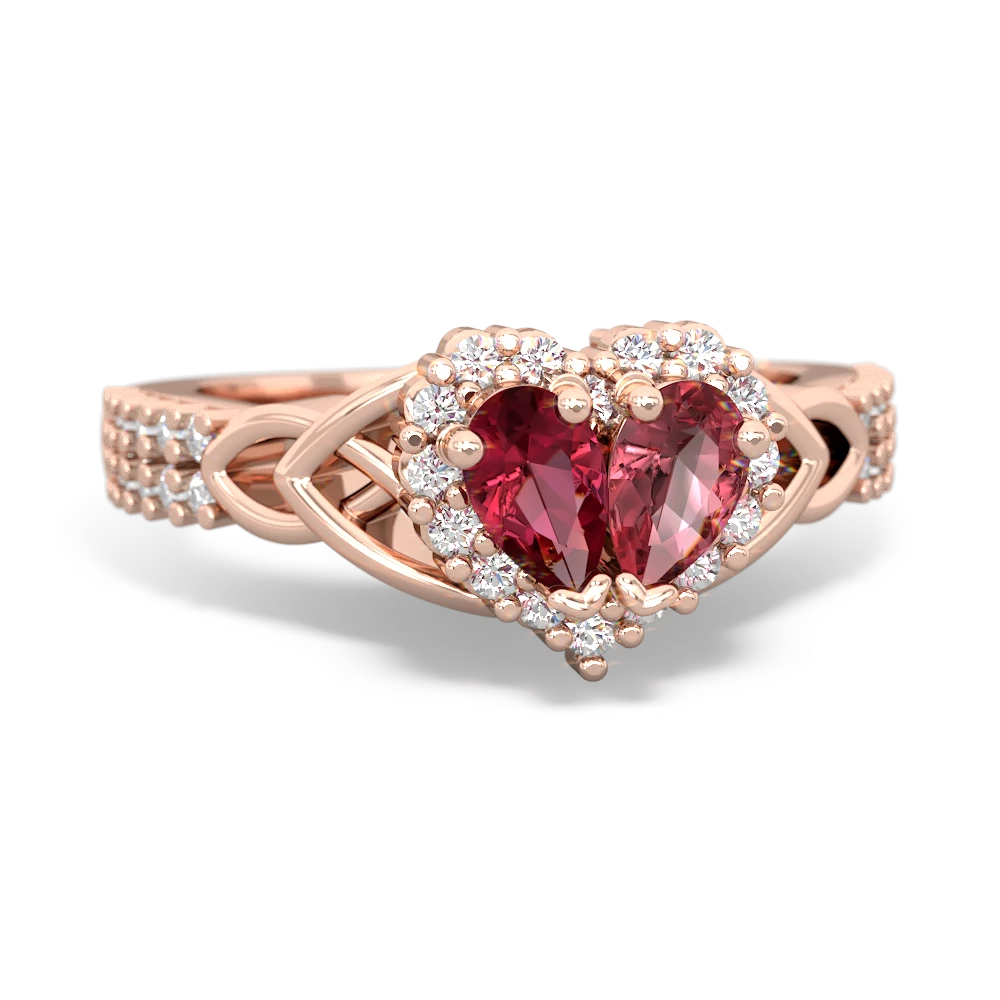 Lab Ruby Celtic Knot Two Hearts As One 14K Rose Gold ring R2644HRT