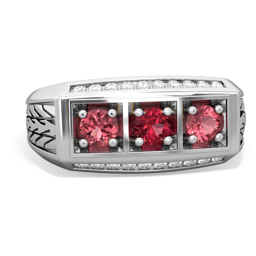 Lab Ruby Three Stone Tire Tread Men's 14K White Gold ring R0520