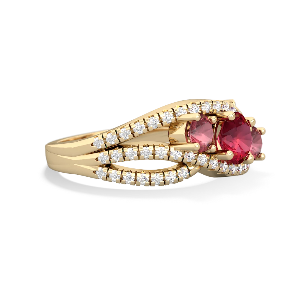 Lab Ruby Three Stone Aurora 14K Yellow Gold ring R3080