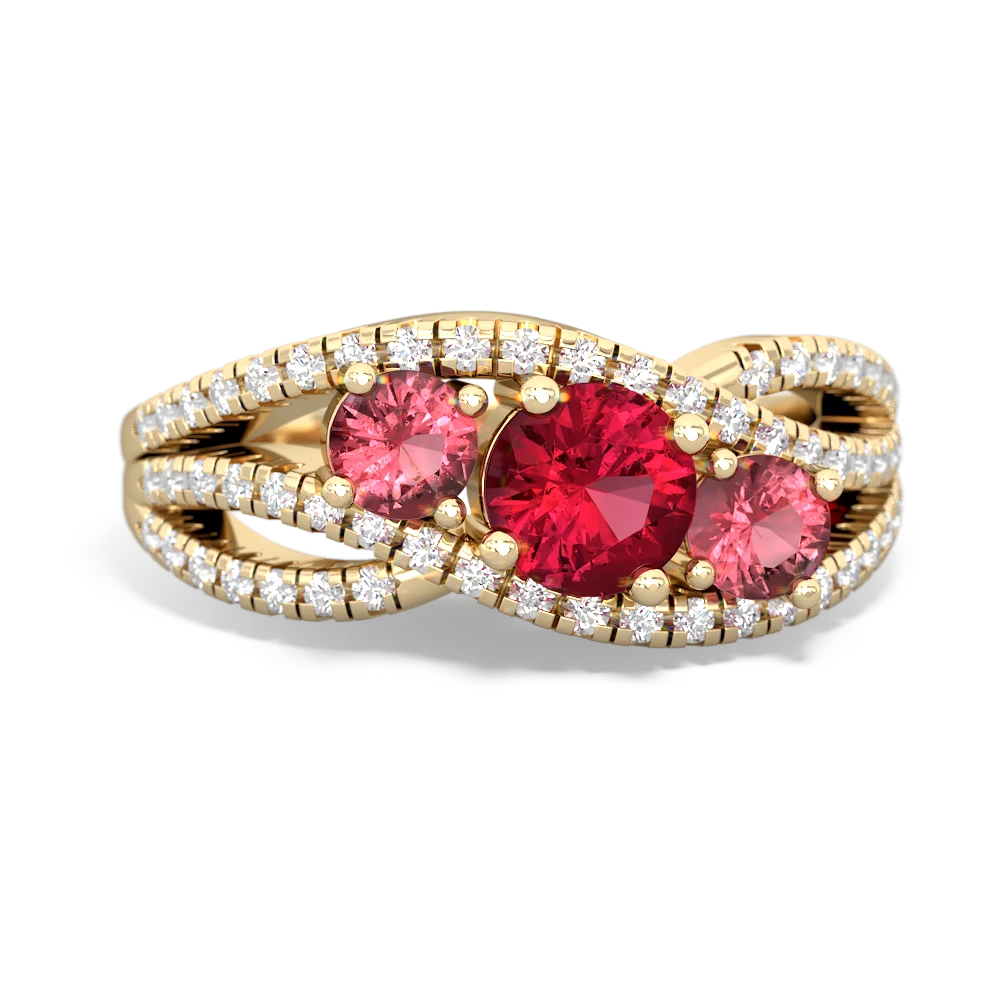 Lab Ruby Three Stone Aurora 14K Yellow Gold ring R3080