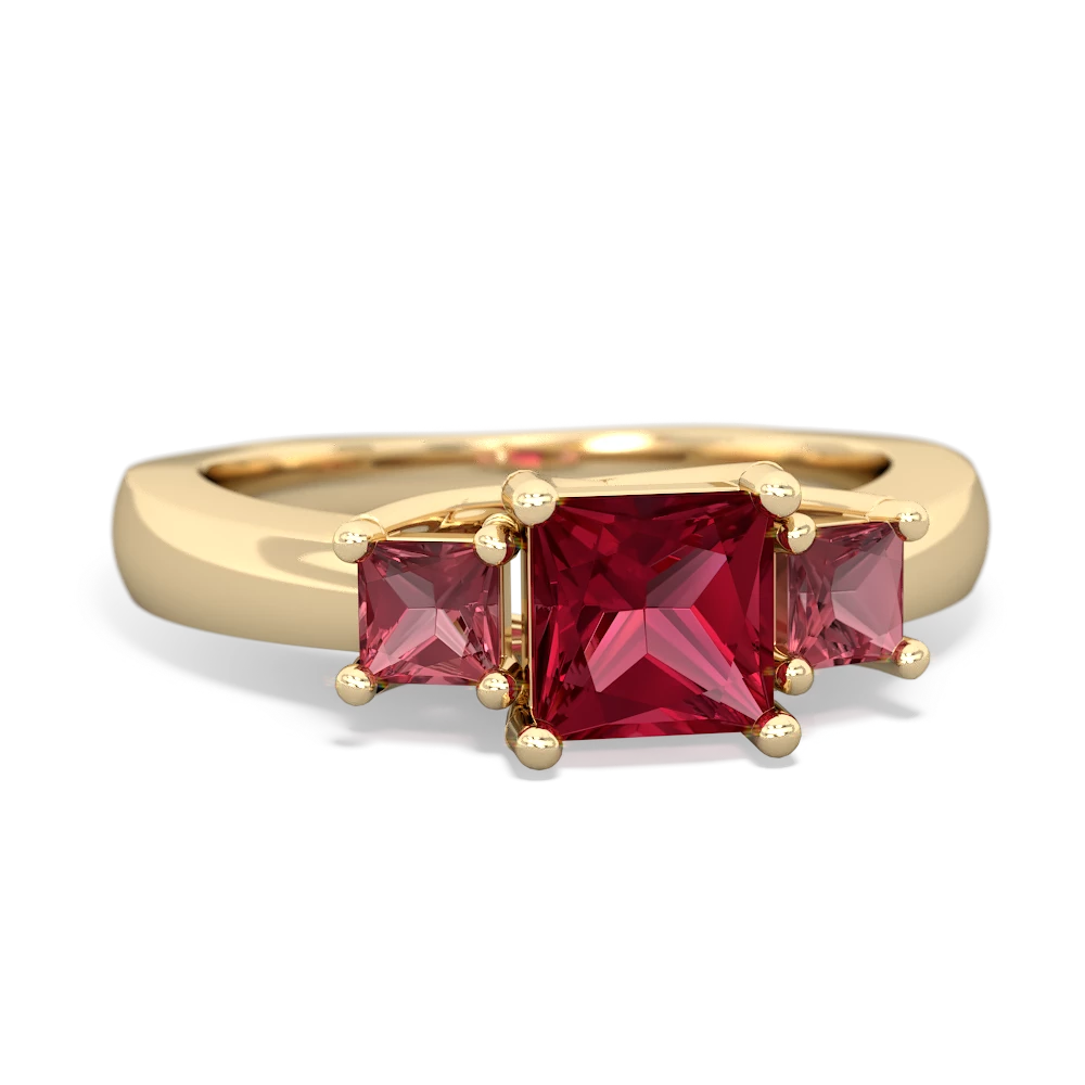 Lab Ruby Three Stone Trellis 14K Yellow Gold ring R4015