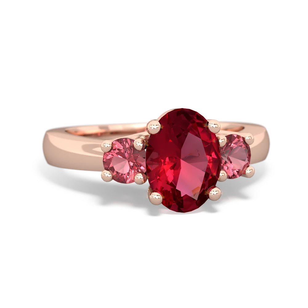 Lab Ruby Three Stone Oval Trellis 14K Rose Gold ring R4024