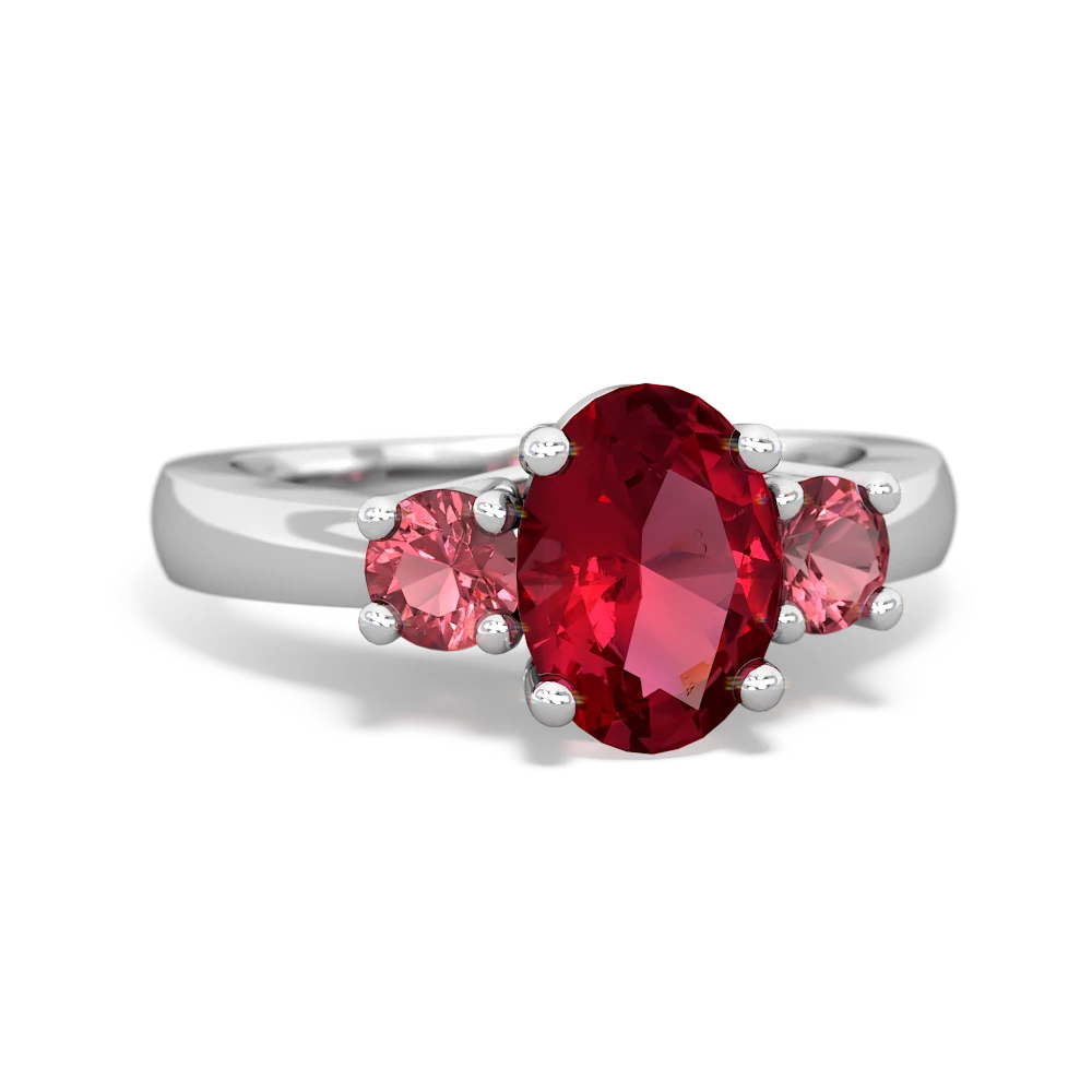 Lab Ruby Three Stone Oval Trellis 14K White Gold ring R4024