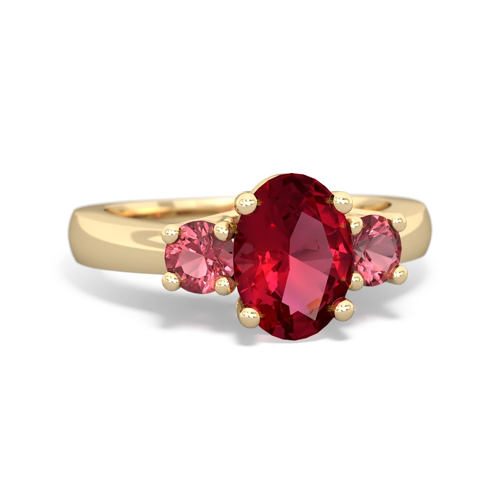 Lab Ruby Three Stone Oval Trellis 14K Yellow Gold ring R4024