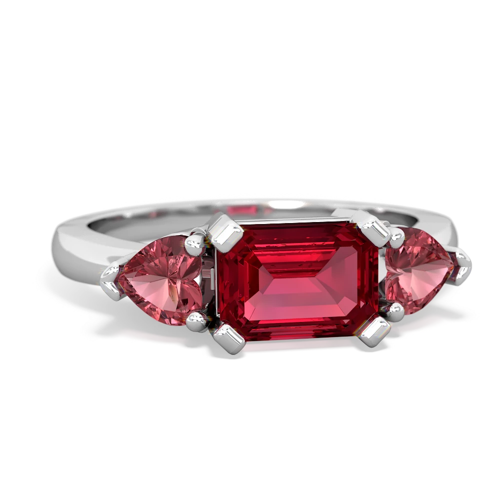 Lab Ruby Three Stone 14K White Gold ring R5235