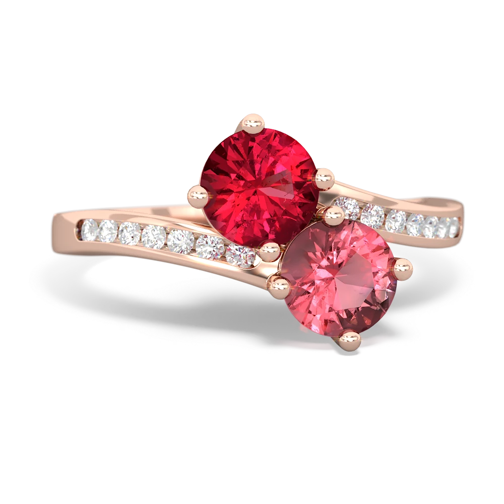 Lab Ruby Channel Set Two Stone 14K Rose Gold ring R5303