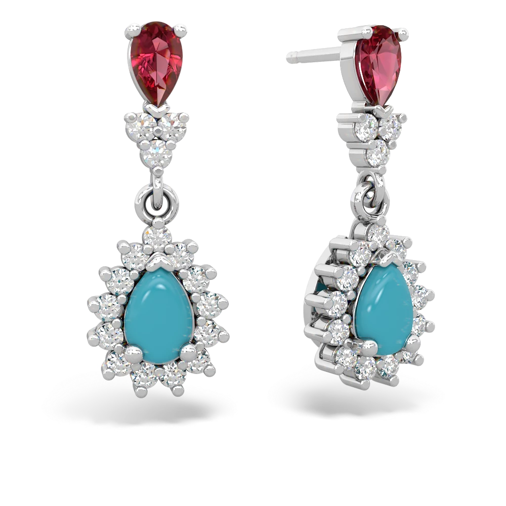 Lab Ruby Halo Pear Dangle 14K White Gold earrings E1882