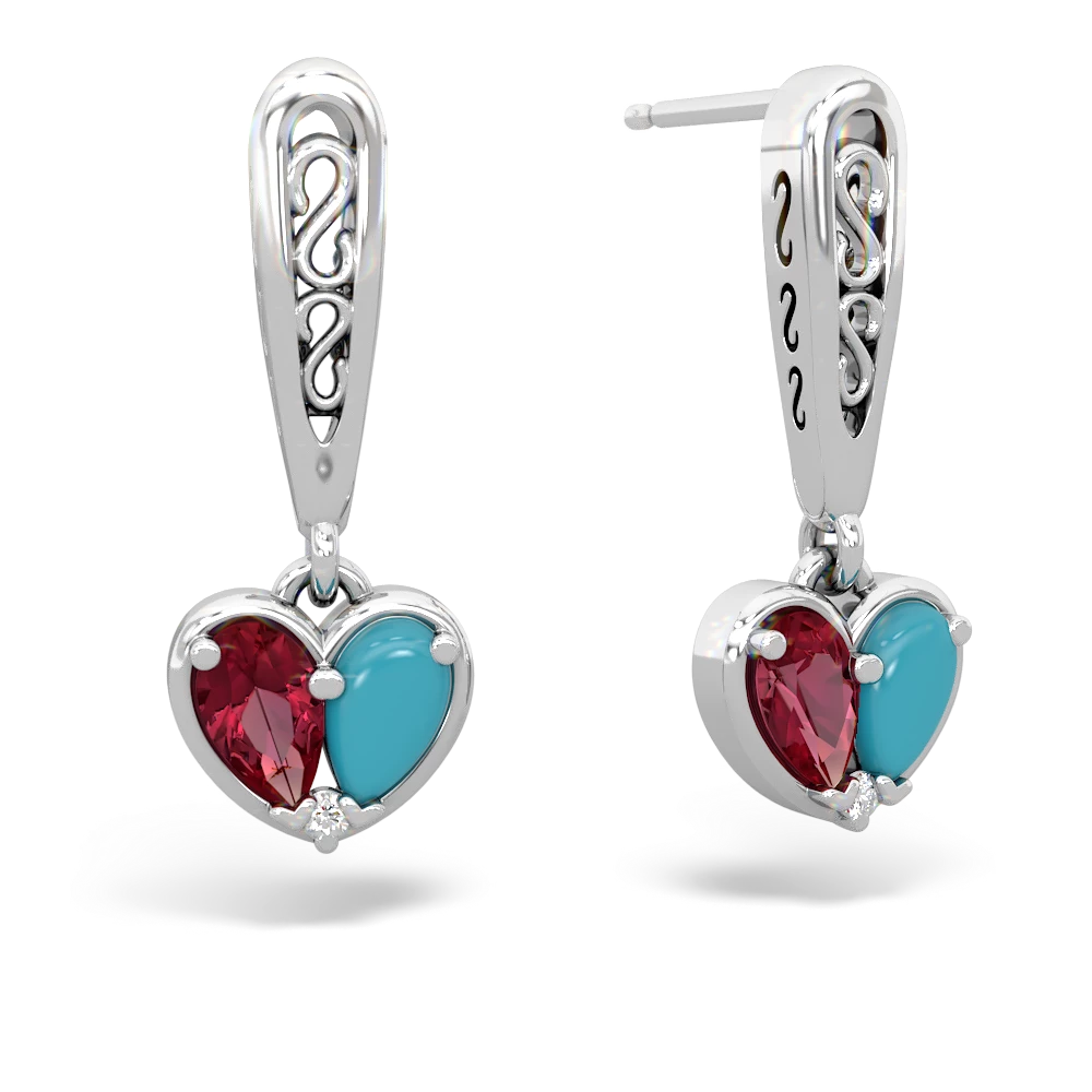 Lab Ruby Filligree Heart 14K White Gold earrings E5070