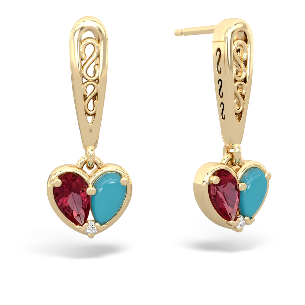 Lab Ruby Filligree Heart 14K Yellow Gold earrings E5070