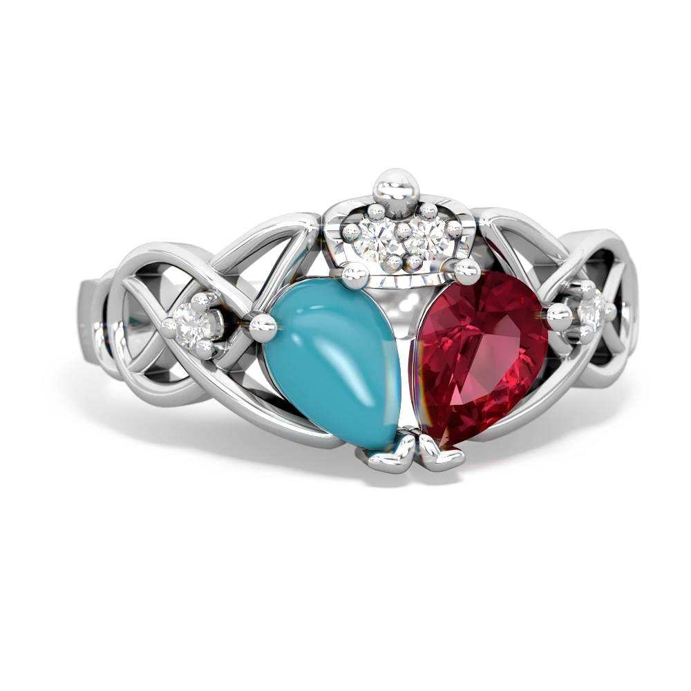 Lab Ruby 'One Heart' Celtic Knot Claddagh 14K White Gold ring R5322