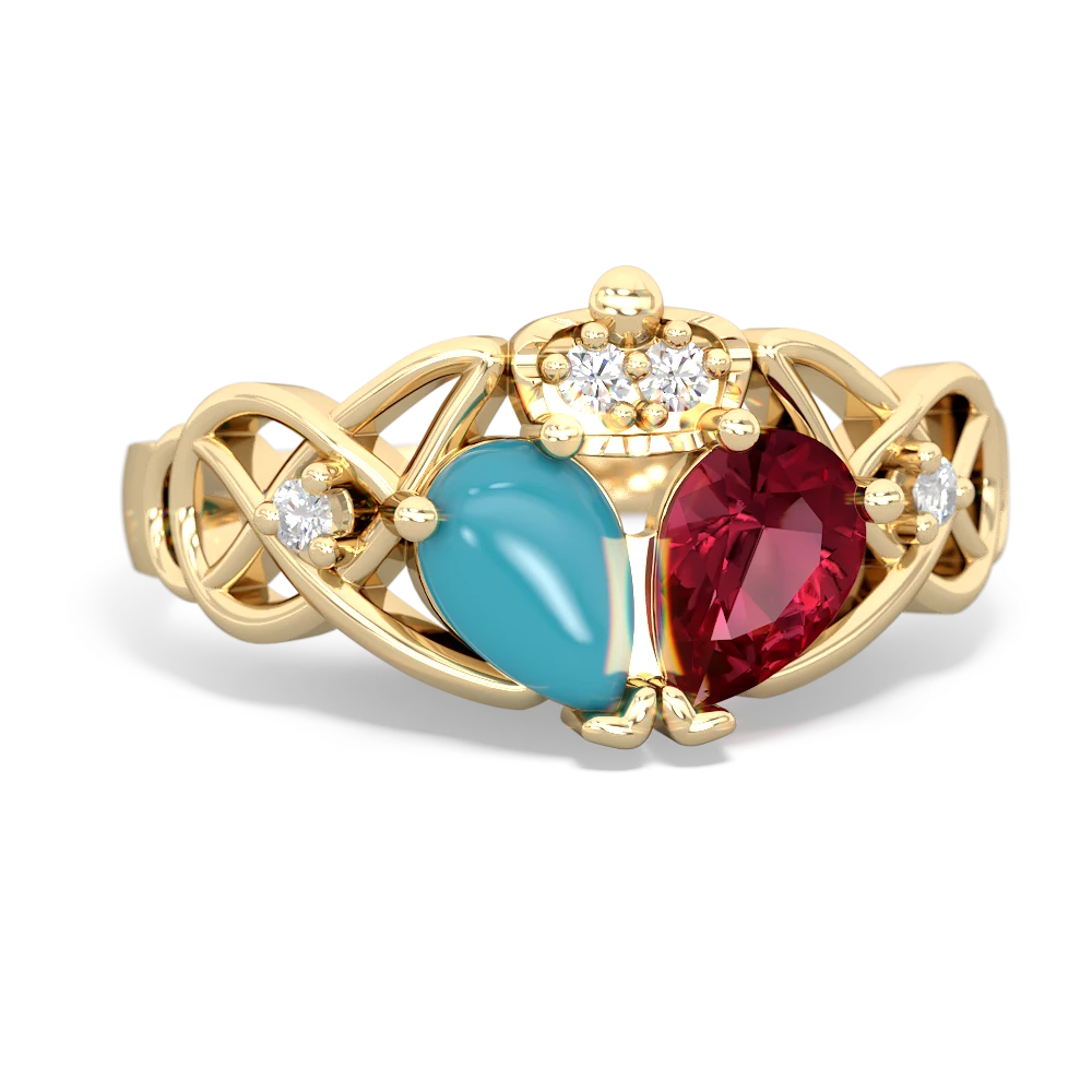 Lab Ruby 'One Heart' Celtic Knot Claddagh 14K Yellow Gold ring R5322