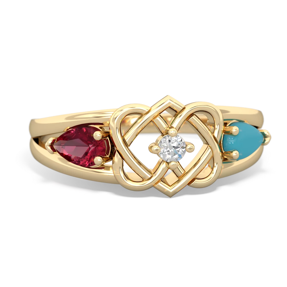 Lab Ruby Hearts Intertwined 14K Yellow Gold ring R5880